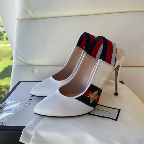 NIB Gucci White Leather Bee Embroidered Slingback Web Pumps 37EU/7US - Picture 2 of 10